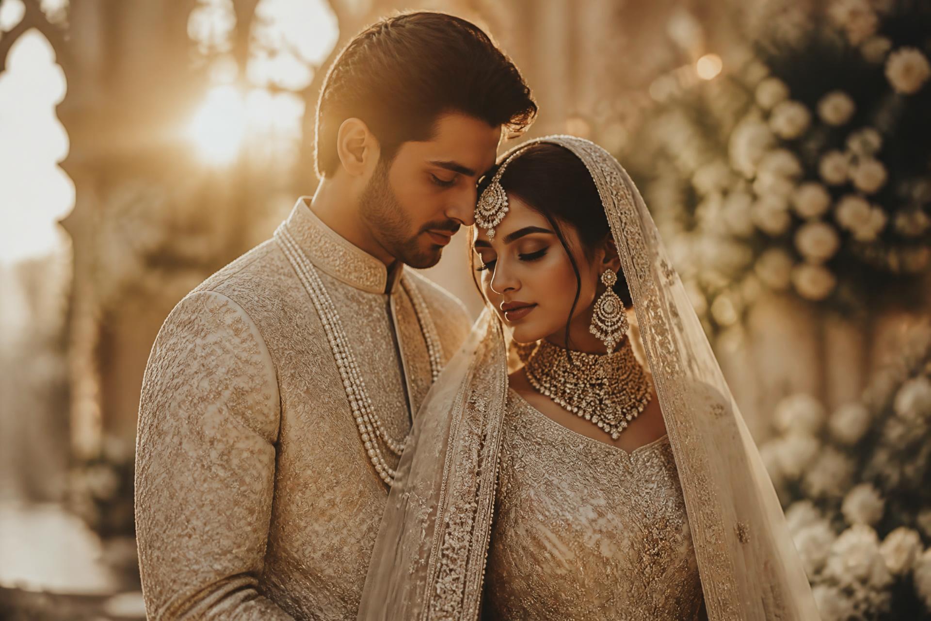 Luxury wedding couple in golden light